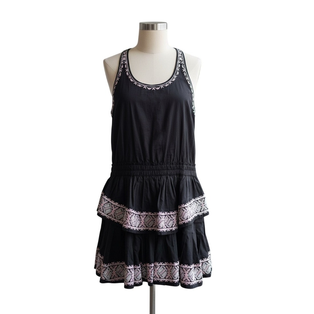 LoveShackFancy Black Embroidered Tiered Mini Dress Smocked Waist Racerback Boho